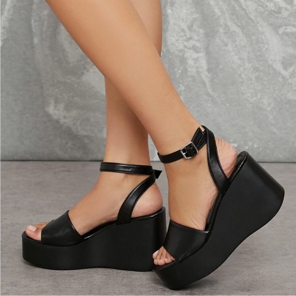 Womens Black Platform Wedge Sandals with Ankle Strap - Picture 5 of 6